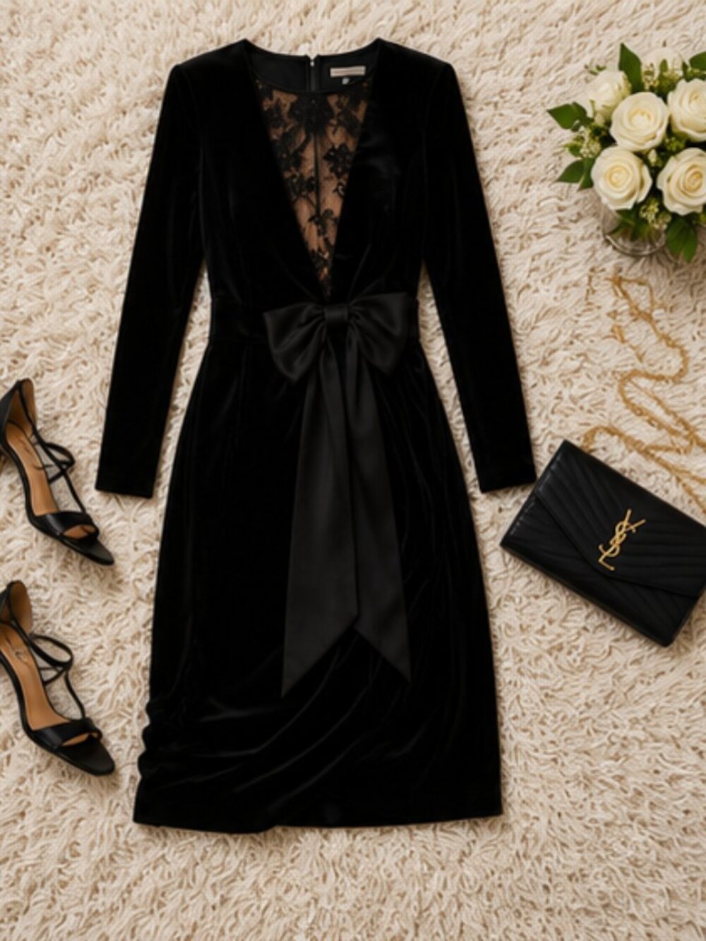 Adrianna Papell Black Velvet Bow Mini Dress NWT Lace Cockta